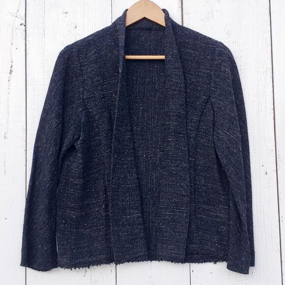 Eileen Fisher Black Charcoal Rayon Wool Linen Washed Tweed Jacket Blazer XS / S